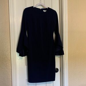 London Times Navy Bell-Sleeve Sheath Dress